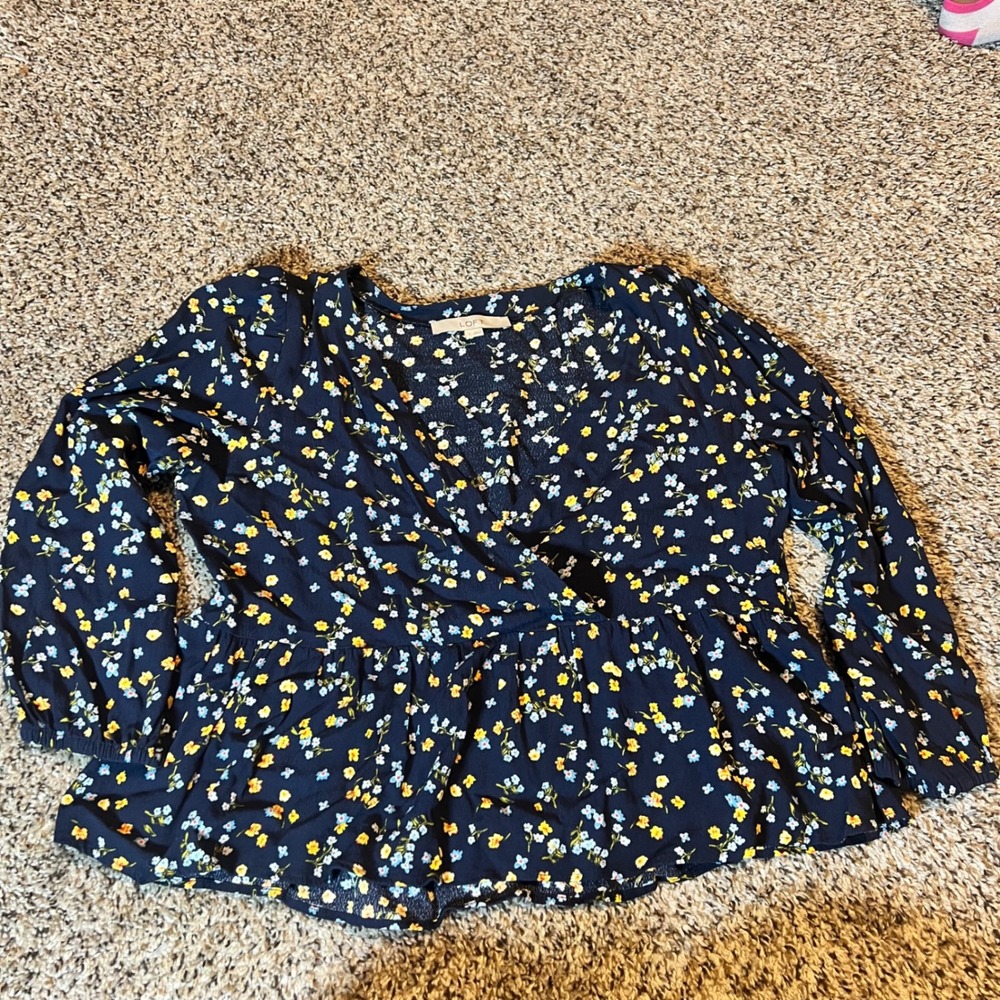 LOFT Navy Floral Print Peplum V Neck Blouse Women's Size Small